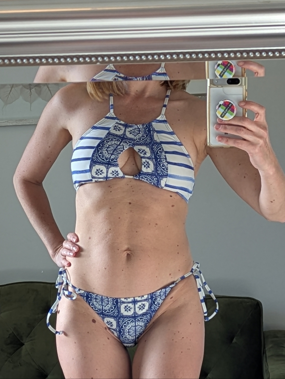 Roxy Bikini Santorini Swimsuit Blue Cheeky Sexy Unique Pattern Size small Vacay